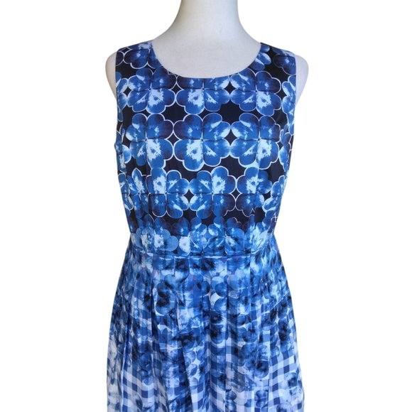 Talbots Blue & White Gingham Floral Fit N Flare Style Midi Length Dress Size 6P - Picture 4 of 10